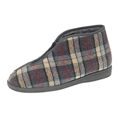 Image of MS449K 7 Mens Zip Boot Slipper, UK, Grey Check
