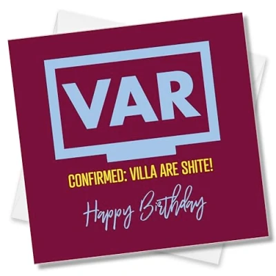 Image of Punkcards Aston Villa Birthday Card Funny Football VAR Joke Humour Greeting from Wolves or Blues Supporter Cards