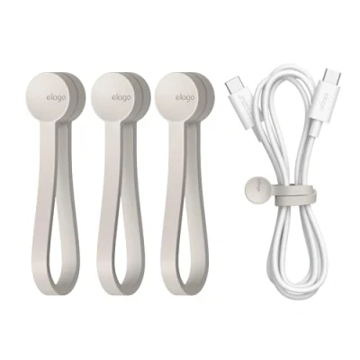 Image of elago Reusable Magnetic Cable Ties, Premium Silicone, Multipurpose Cord Organiser for Home, Kitchen, Office, Travel [3 Pack] (Stone)