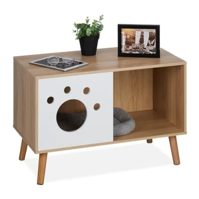 Image of Relaxdays Cat Cabinet, Entrance, Wooden Cupboard Design, Litter Box, Pet House, HxWxD: 50 x 75 40 cm, Natural/White, Fibreboard
