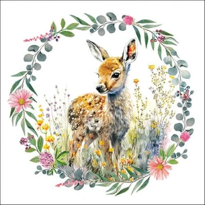 Image of 20 Napkins Animals Fawn in Flower Wreath as Table Decoration Paper with Motif Also for Decoupage and 33 x cm