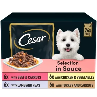 Image of Cesar Selection in Sauce 48 Pouches, Adult Premium Wet Dog Food, Succulent Meats and Vegetables, Pack of 2 (24 x 100 g)