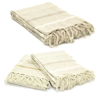 Image of Carousel Home Natural Cotton Throw Blanket Boho Beige Fringed Over Bed Sofa Stripped Oatmeal 130x170cm Design Varies One Supplied