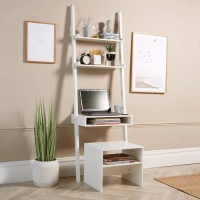 Image of Home Source Desk Unit Office Shelving Storage with Stool Included, White, 3 Tier