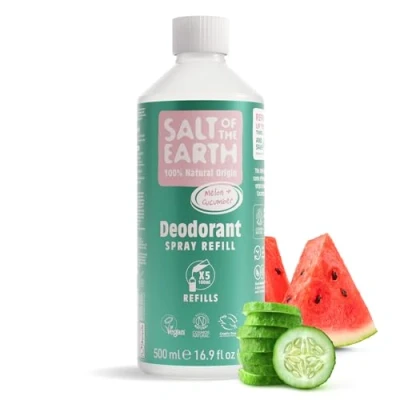 Image of Salt of the Earth Natural Deodorant Spray Refill Certified Natural, Vegan, Long Lasting Protection, Leaping Bunny Approved, Made in UK 500ml (Melon and Cucumber)