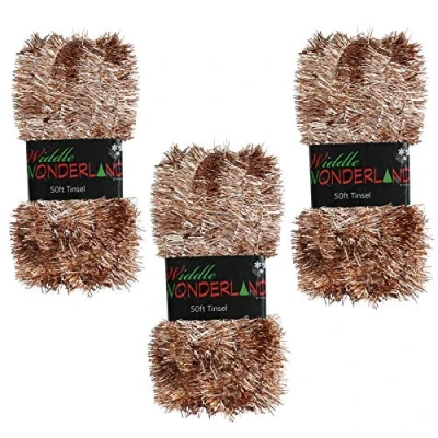 Image of Widdle Wonderland Christmas Tree Tinsel 3 packs of 50ft x 3cm GREAT VALUE Rose Gold