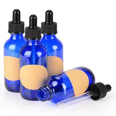 Image of stonylab Cobalt Glass Dropper Bottle 60ml (2 oz) 4 Pack, Blue Empty with and Label for Essential Oils Aromatherapy Fragrances