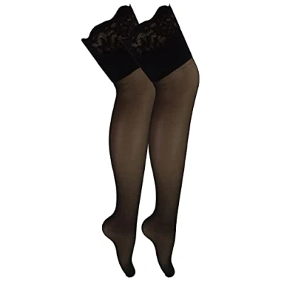 Image of Sock Snob 2 Pair Multipack Women&#039;s Seamed Stockings with Lace Top Ladies Thigh High (M, Black/Black)