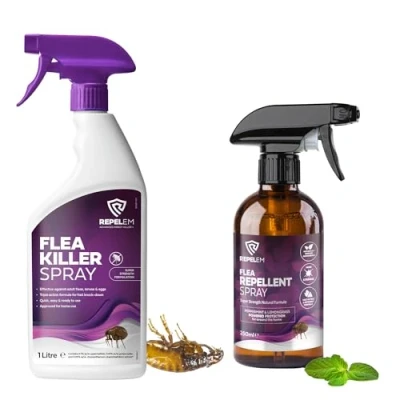 Image of REPELEM Flea Treatment Kit 1L Spray for The Home with 250ml Natural Repellent Professional Strength House Household Low Toxicity Killer