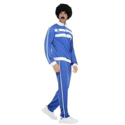 Image of My Illusions Red or Blue Scouser Costume Tracksuit + Wig Tash 1980s Funny Runner Halloween Stag Do Fancy Dress Outfit (Blue, Large 42 44&quot; Chest)