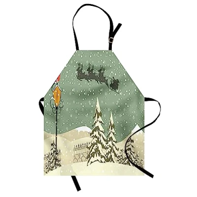 Image of ABAKUHAUS Christmas Apron, Santa Claus Reindeer, Unisex Kitchen Bib Apron with Adjustable Neck for Cooking Baking Gardening, Beige Green