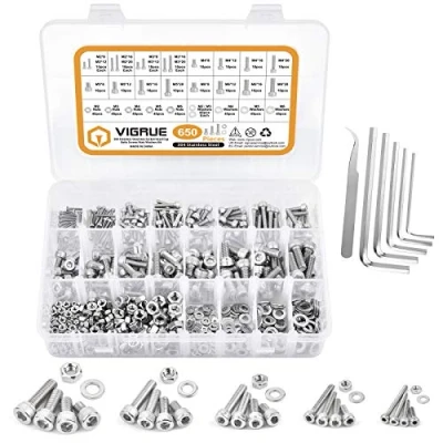 Image of VIGRUE Set of 650 M2 M3 M4 M5 M6 Hexagon Socket Screws 304 Stainless Steel Full Thread Cylinder with Nuts and Washers in Assortment Box
