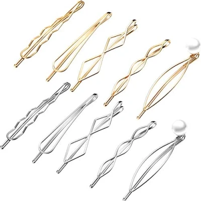 Image of 10 Pieces Bobby Pin Hair Geometric Metal Clip Barrettes for Women Girl Minimalist Decorative Wedding Dainty Accessories Headwear (Gold, Silver)