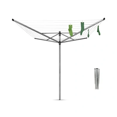 Image of Brabantia Lift O Matic 50 Metres of Clothes Line Adjustable in Height UV Resistant &amp; Non Slip Lining Umbrella System Rotary Dryer with Ground Spike 45 mm Metallic Grey ø 295 cm
