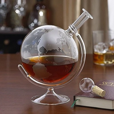 Image of Garden Mile World Map Whiskey Decanter Large Wine Carafe on Cradle Hand Blown Etched Glass Drinks Ideas Globe for Whiskey, Wine, Cocktails, Liquor, Scotch (Globe Decanter)