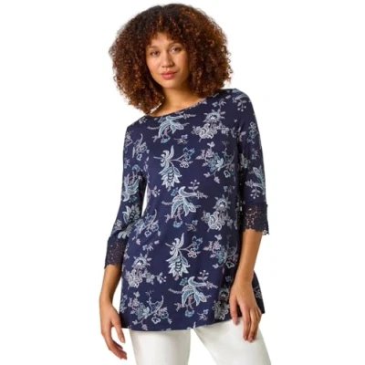 Image of Roman Originals Floral Soft Stretch Jersey Top for Women UK Ladies Everyday Autumn Winter Round Neckline Comfy Evening Vacation Work Party Night Out Navy Multi Size 16