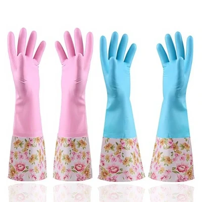 Image of KINGFINGER Rubber Latex Waterproof Dishwashing Gloves,Long Cuff and Flock Lining Household Cleaning Gloves 2 Pair Large
