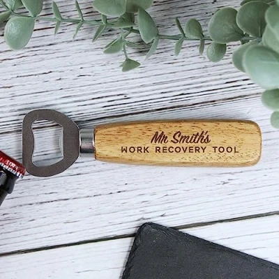 Image of eBuyGB Personalised Wooden Bottle Opener, Teacher&#039;s Work Recovery Tool Beer Gift for Teacher, Appreciation Thank You Him, End of Term