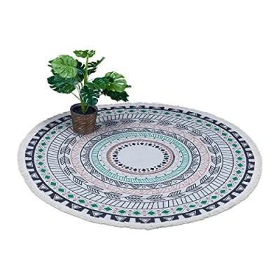 Image of Relaxdays Round Rug, Mandala Design, Ø 120 Cm, Cotton with Fringes, Non Slip, Boho Living Room, Multicoloured