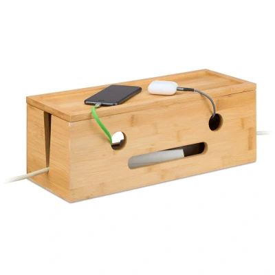 Image of Relaxdays, 2 Socket Strips, Bamboo, HWD: 15.5 x 42 16 cm, Hide &amp; Organise Cables, Computer Box, Natural