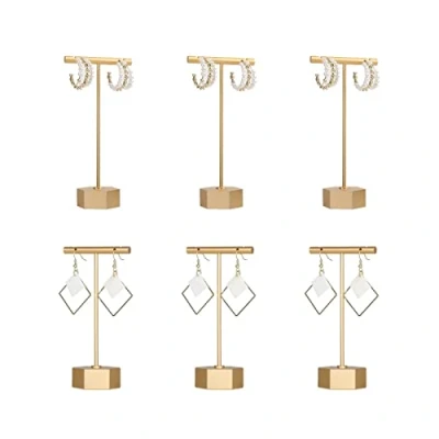 Image of GemeShou 6pcs Gold Earring Display T bar stand for selling, Metal Jewelry Holder, Small Cute photography props Show【Gold Hexagon Base 6pcs】
