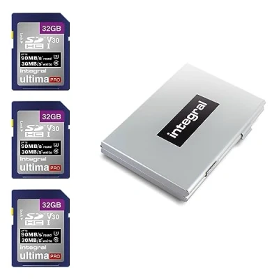 Image of Integral 32GB 3 Pack SD Card with a 6 Slot Protective Metal Case 4K Ultra HD Video Premium High Speed Up to 90MB/s Read SDHC V30 UHS I U3 Class 10 Memory Triple