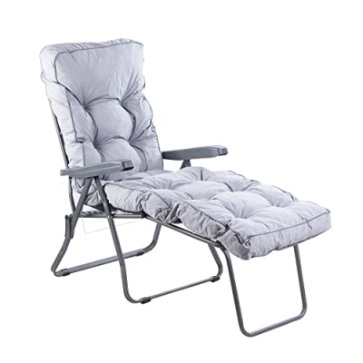 Image of Alfresia Garden Sun Lounger with Classic Cushion Charcoal Frame Adjustable Reclining Outdoor Chair, Foldable Lounger, Choice of Prints (Classic Grey)