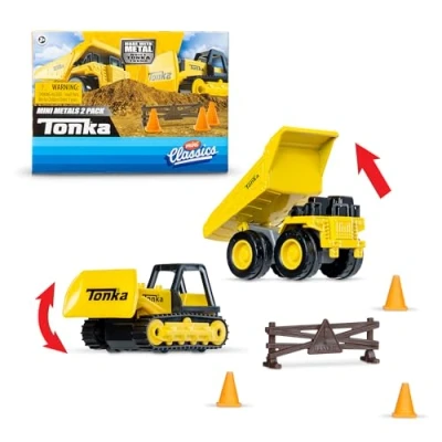 Image of Mini Classics Tonka 2 Pack (Metal Movers Dump Truck and Bulldozer with 3 Traffic Cones Barrier Fence), Ages 3+ for Boys Girls, Ideal Kids, Toddlers