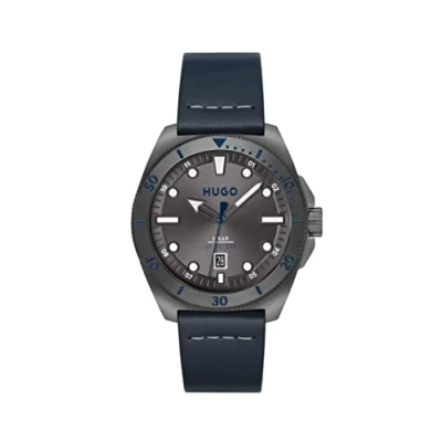 Image of HUGO Analogue Quartz Watch for Men with Blue Leather Strap 1530302