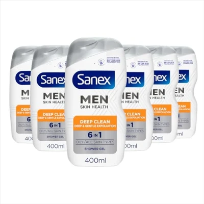 Image of Sanex Men Skin Health Deep Clean Shower Gel 400ml x 6, Oily Men’s Body Wash, Reduces Oil, Removes Dirt, Gently Exfoliates, Protects from Pollution, 6 in 1 Benefits, Dermatologically Tested