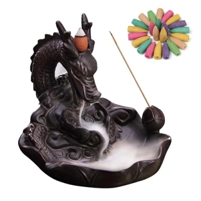 Image of XUDREZ Ceramic Dragon Backflow Incense Burner, Home Decorate Waterfall Burner Holder With 20PCs Cones