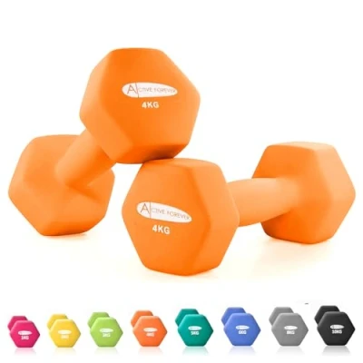 Image of ACTIVE FOREVER Dumbbells 2x4kg, Set of 2, Hex Pair, Neoprene Waterproof Non slip Dumbells (Orange)