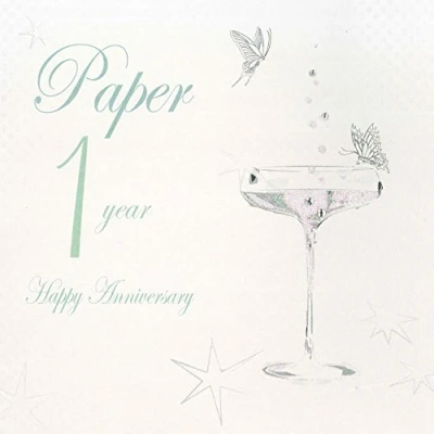 Image of White Cotton Cards BD101C Coupe Glass &quot;Happy Anniversary &#039;Paper&#039; 1 Year&quot; Handmade Card, White,16cm X 16 cm