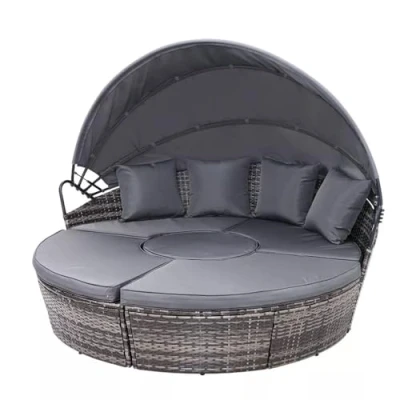 Image of EVRE Seychelles Dark Grey Modular 5 Piece Outdoor Rattan Sectional Day Bed Chair Set with Retractable Canopy and Cushions Round Conversational Wicker Coffee Table
