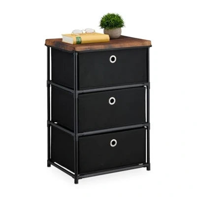 Image of Relaxdays Dresser Storage Unit, 3 Fabric Drawers, Metal, Wood Effect, 65x43x33 cm, Side Table, Organiser, Black/Brown, Steel