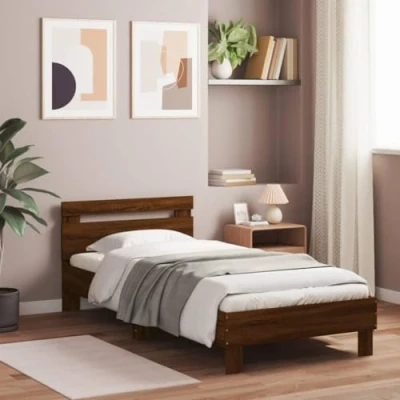 Image of vidaXL LED Lit Bed Frame with Headboard Brown Oak Engineered Wood 75x190 cm Small Single Modern Bedroom Furniture