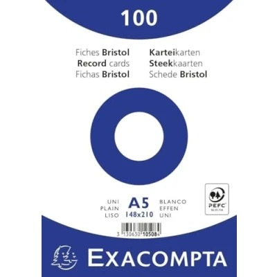 Image of Exacompta Ref 10508E Bristol Plain Record Cards (Pack of 100) A5 in Size, 205gsm Card, Compatible with Printers Suitable for Exam Revision &amp; Notes White