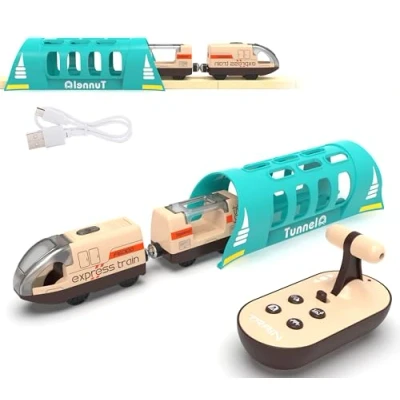 Image of Electric Train for Wooden Track, Remote Control Toy, Motorized and Tunnel with Voice &amp; Lights Effect, Battery Operated Locomotive Set Compatible Thomas, Brio, Chuggington
