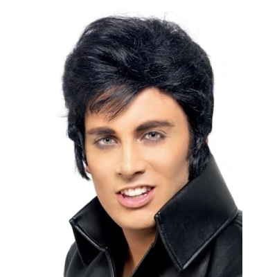Image of Smiffys Elvis Wig for Adults, Black with Instantly Recognisable Quiff and Sideburns, Officially Licensed, Ideal Matching Costume Music Themed Fancy Dress Parties