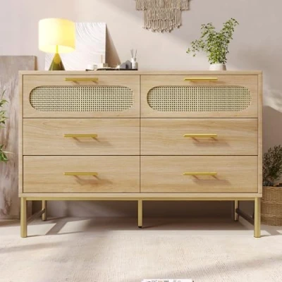 Image of BTM Rattan Drawer Chest of Drawers, Drawers Oak with Metal Handles, 6 Bedroom, Anti Tip Sideboard, 120x40x74cm