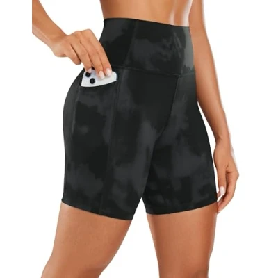 Image of CRZ Yoga Women&#039;s Naked Feeling 6&#039;&#039; Shorts with Pockets High Waisted Gym Cycling Fitness Black Tie Dye Flowers 8