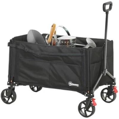 Image of Outsunny Folding Trolley on Wheels, 150L Collapsible Wagon Festival Cart with Openable Sides, Adjustable Handle and Brakes for Shopping Camping Beach Garden, Black