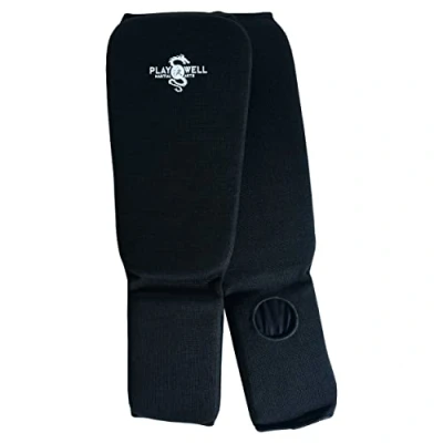 Image of Playwell Martial Arts Elasticated Cotton Slip On Shin Instep Protectors Black (Large)