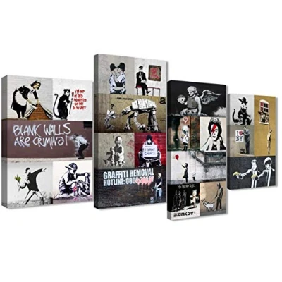 Image of Wallfillers Large Banksy Collage Living Room Canvas Wall Art Decor 4500 130cm Set of Prints