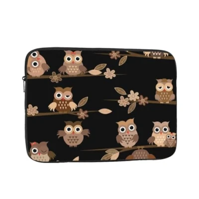 Image of Cute Brown Cartoon Owls Printed Laptop Sleeve For 10 Inch Laptop, Shockproof Oxford Fabric Protective Case Bag