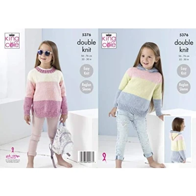 Image of King Cole 5376 Knitting Pattern Childrens Easy Knit Sweater and Hoodie in Cotton Top DK