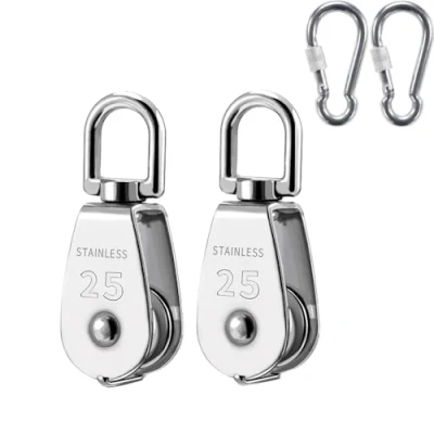 Image of 2 Sets M25 Single Pulley Wheel with M8 Spring Snap Hooks 304 Stainless Steel Swivel Block Hook Carabiner Clip Heavy Duty for Hoisting Items Indoor Outdoor 150KG