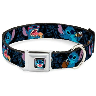 Image of Buckle Down Seatbelt Dog Collar Stitch Snacking Poses Black/Blue 1.5&quot; Wide Fits 16 23&quot; Neck Medium