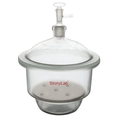 Image of stonylab Glass Vacuum Desiccator, Lab Desiccator with Valve and Porcelain Plate ID: 180 mm for Laboratory Research