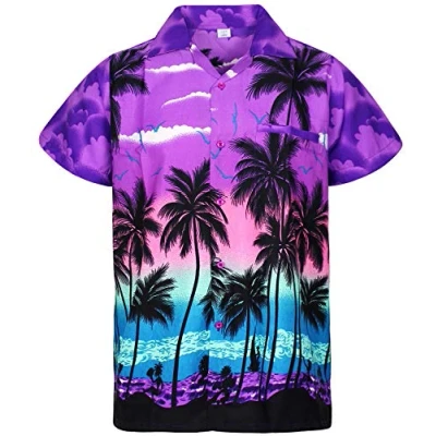 Image of King Kameha Men&#039;s Beach Shirt Short Sleeve Casual Button Down Hawaii Vacation, Beach, Purple, M